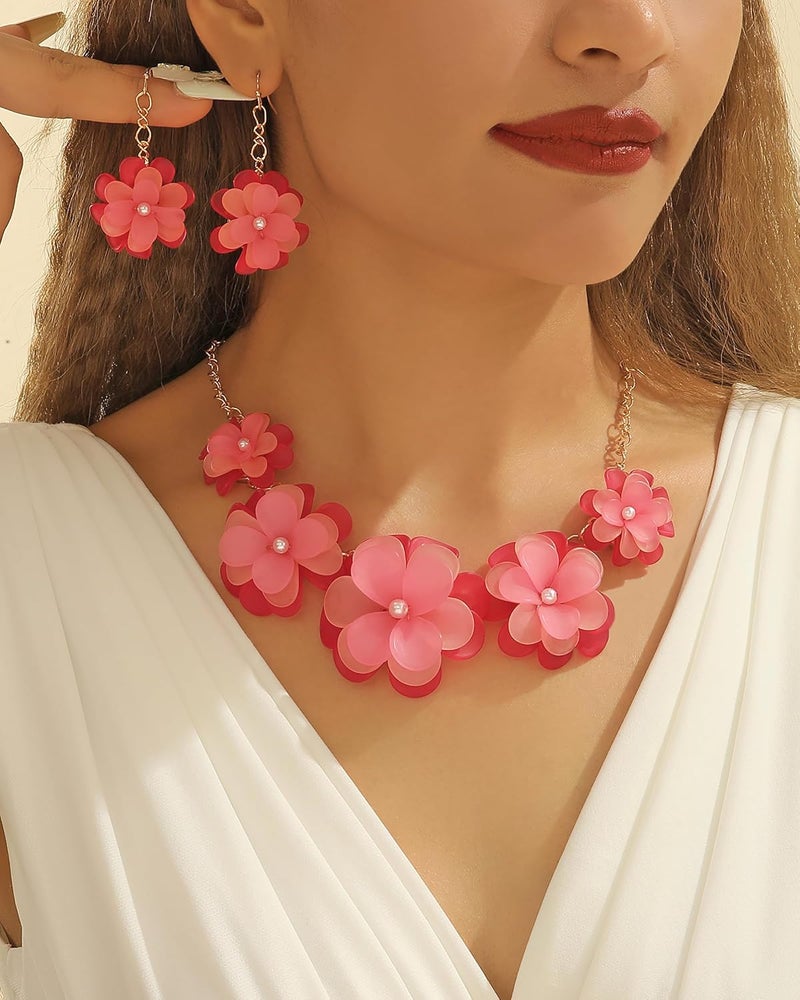 Bocar Flower Collar Necklace, Floral Flower Summer Beach Statement Choker Necklace and Earrings Set for Women, Handmade Women Jewelry Gift - Image 2